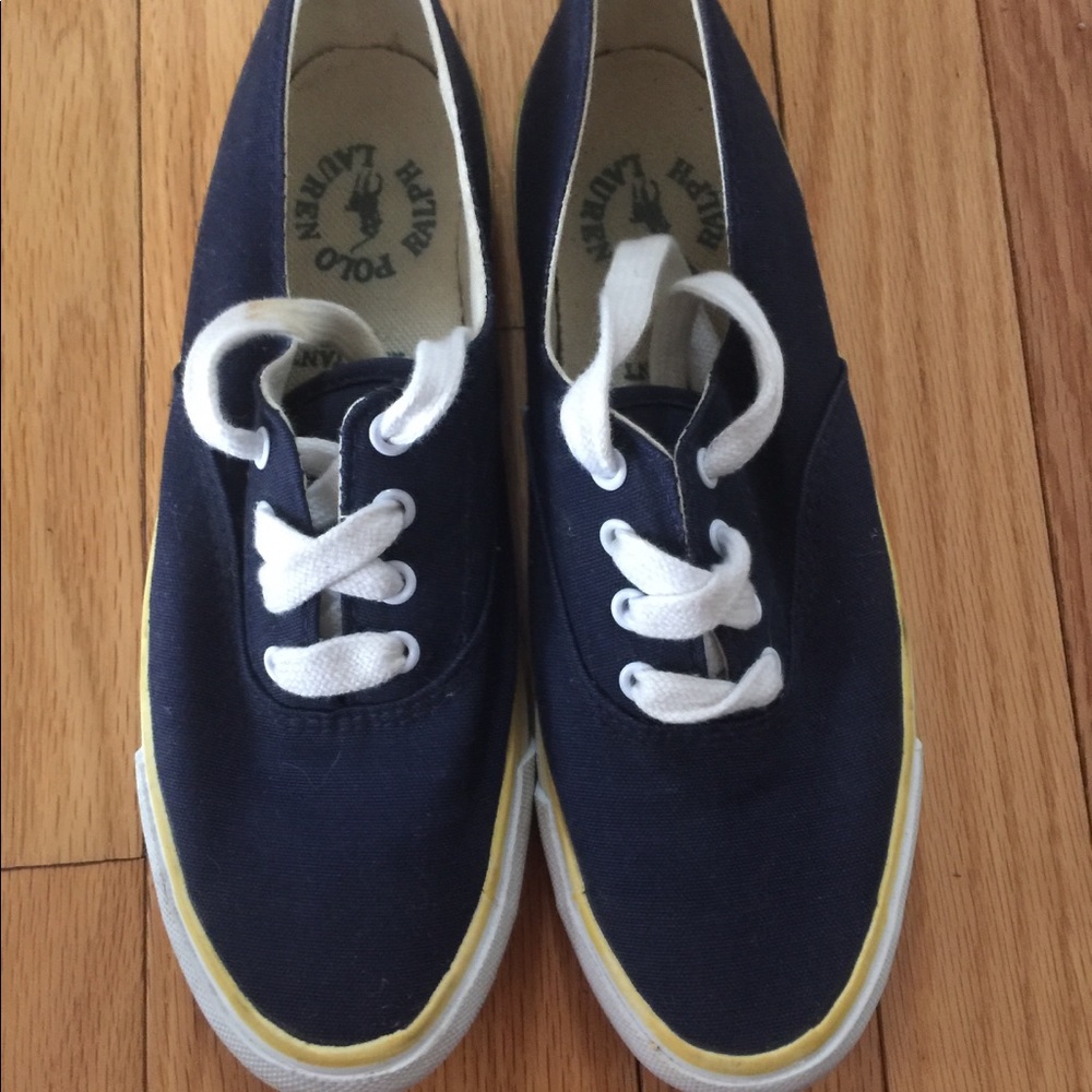 Polo by Ralph Lauren Navy Canvas Wedge Sneakers with White Laces and Yellow Trim